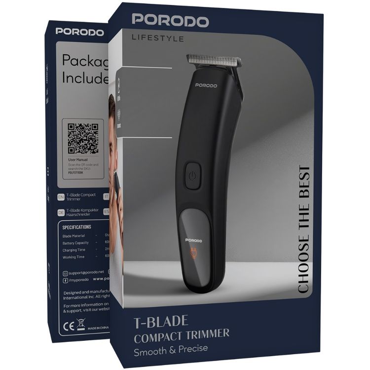Porodo T-Blade Compact Trimmer with Stainless Steel Blade, 600mAh Battery, 1 Hour Working Time, Type-C Charging, 2 Hours Charging Time - Black