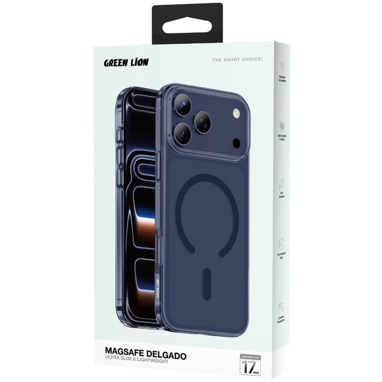 غطاء جرين ليون ماج سيف ديلجادو لهاتف آيفون 17 برو، حماية فائقة ضد السقوط، حماية للكاميرا، وضوح عالي الدقة، مضاد لبصمات الأصابع، مقاوم للخدوش، نحيف - أزرق