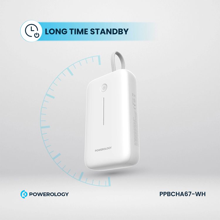 Powerology 20000mAh Power Bank with Detachable USB-C Wire, 30W Power Delivery, 3-Device Charging, Long Time Standby, Universal Phone Compatibility, Built-in Safeguards - White