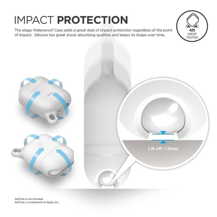 Elago Airpods Waterproof Hang Case, High Quality Silicone, Waterproof Case up to 1meter(3.3ft), Functional Design, Dustproof, Aluminum Carabiner, Impact Protection- Nightglow Blue