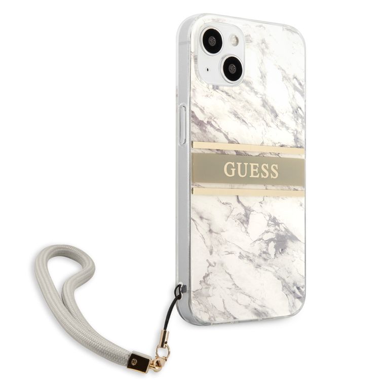CG MOBILE Guess PC/TPU Case Marble Design & Stripe with Anti-Lost Nylon Strap for iPhone 13 (6.1") Shock Absorption & Drop Protection Suitable with Wireless Chargers Officially Licensed Gray