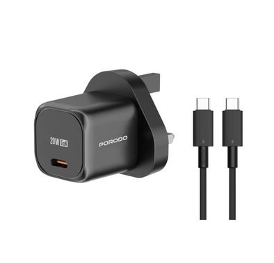 Porodo PD 20W UK Fast Charger with USB-C to USB-C Cable, 20W Power Output, Over-Heat Protection, Reliable Companion  - Black