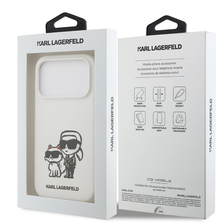 Karl Lagerfeld Liquid Silicone Case with Karl & Choupette Sketch for iPhone 17 Pro Max, Drop Protection, Slim Profile, Easy Snap-On, Sustainable Packaging, Comfortable Grip, Lightweight Design - White