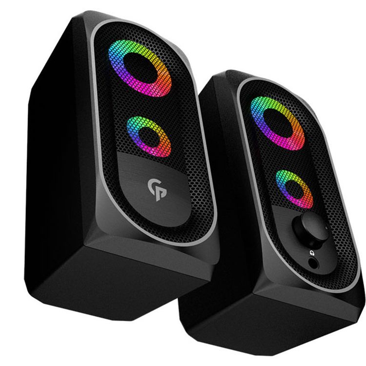 Porodo Gaming Stereo Speakers 10W, RGB Light Effect Speaker, Lighting Touch Sensor, USB & 3.5mm Universal Plug, Volume Control Knob, Portable Computer Speaker - Black