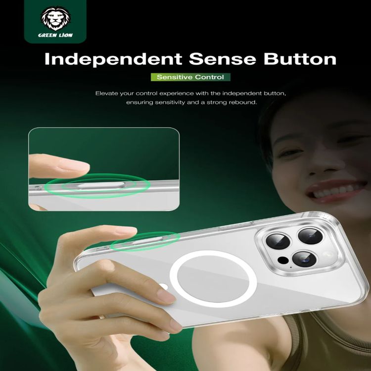 جراب Green Lion Sense Crystal Clear Magsafe، لهاتف iPhone 16، حماية للكاميرا، حماية من السقوط، متوافق مع Magsafe، مغناطيسات قوية، مضاد للخدش، زر استشعار، حافة مرتفعة