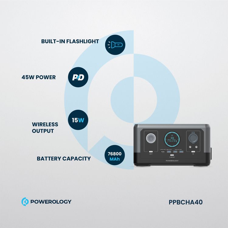  Powerology 76800mAh 300W Solar Input Portable Power Generator, 45W PD, 100W Solar Input, 15W Wireless Charger Output, 8A Car Power Output - Black