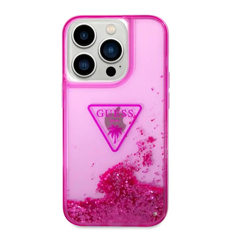 Guess Liquid Glitter Case with Triangle  Translucent Logo - Fuchsia - iPhone 15 Pro