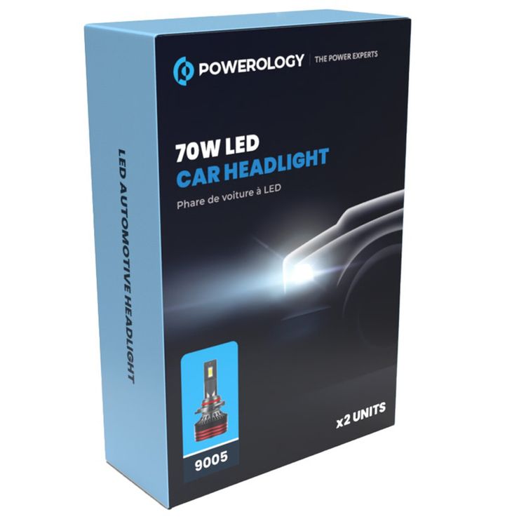 Powerology 70W LED Car Headlight Bulbs 9005 with 6000 Lumens Brightness, 6500-7000K, 2 Units, Super Bright Light, Heat Dissipation, Easy Installation - Black