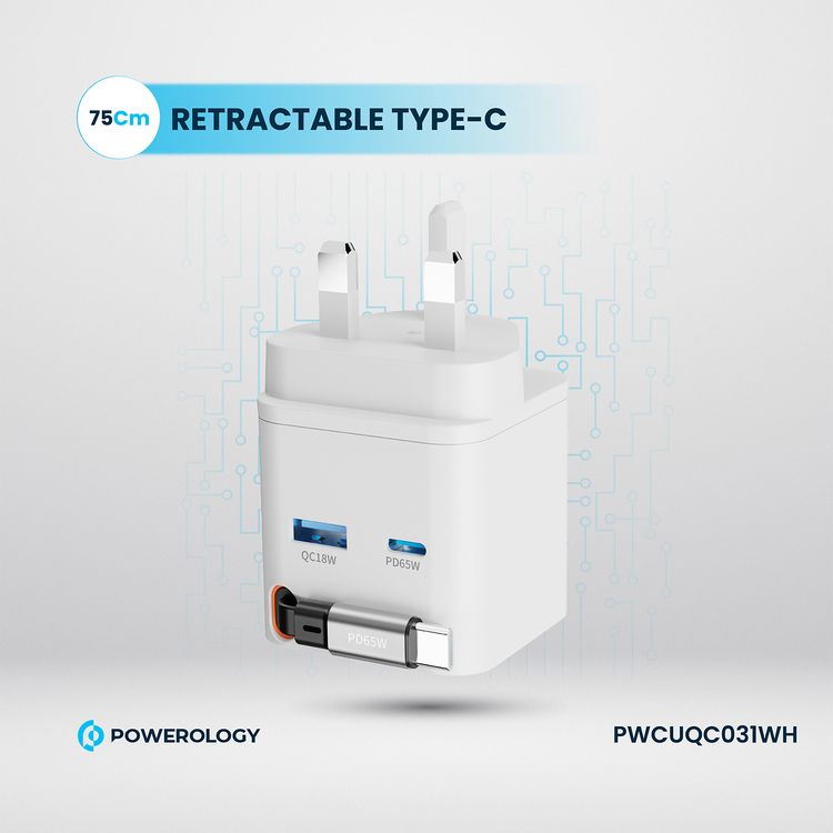 Powerology Dual Port Retractable GaN Charger, Built-in Safeguards, 3-Device Charging, 65W Power Delivery, Fire Proof Material, Patented Design, 75cm Retractable Type-C Cable - White