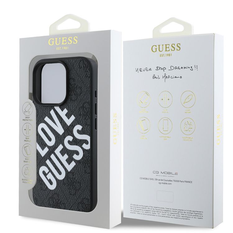 Guess PU 4G Hard Case with Big Love Guess Logo For iPhone 16 Pro Max, High Quality Material, Lightweight, Easy Snap-on - Black 