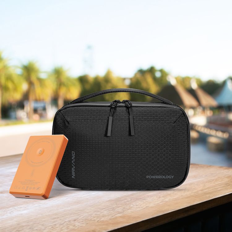 Powerology Nirvano 5-in-1 Power Travel Kit with 2.5L Travel Bag, 10000mAh MagSafe Power Bank, 75W Dual-Port USB-C + USB-A Output Car Charger, 45W GaN Wall Charger, 1m/60W USB-C Cable, UK 3-Pin Plug, N54 Magnet Type,  Car Charger Total Output 75W, Car Charger Material Zinc Alloy + PC - Black / Orange