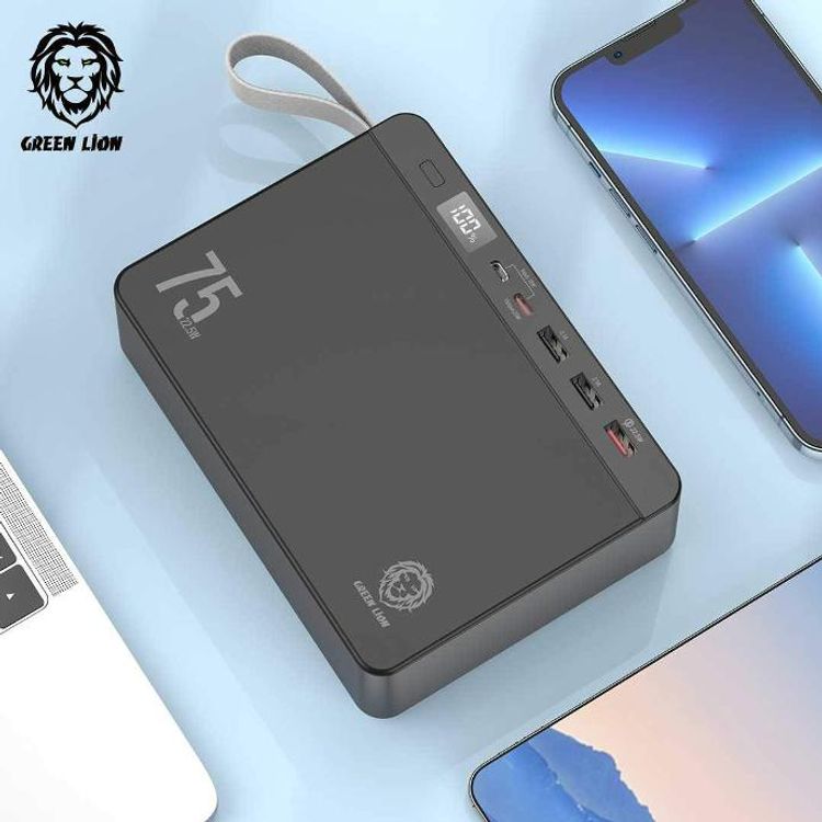 Green Lion Power Volt Mega Capacity Power Bank, 75000mAh, PD 20W, QC3.0 22.5W, 4 Output Ports, Type C & Micro input Ports, Lithium ion Polymer Battery, Digital Display - Black