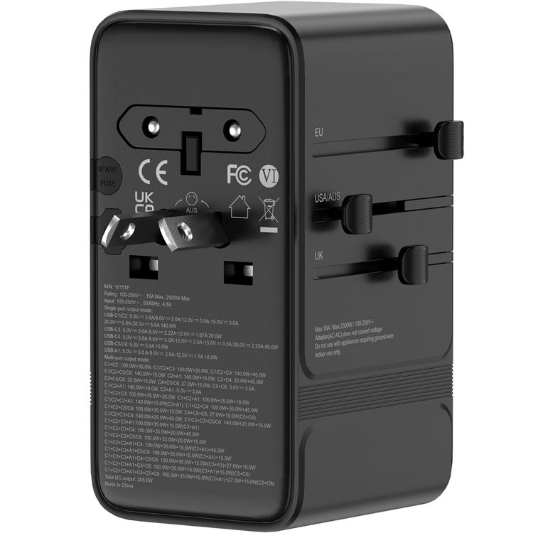 Powerology Spetrova GaN Multi-Port Universal Adapter, USA, AU, UK & EU Supported Plugs, 2500W Rated Power, Heat-Resistant Housing, Fast Charge Support, 1 × USB-A & 6 × USB-C Ports, 205W Total DC Output - Black