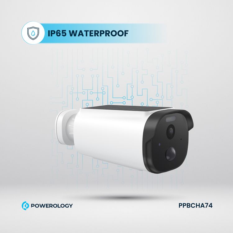 Powerology Built-in Solar Outdoor Camera, 5200mAh Battery Capacity, 3 to 9m PIR Range, 2304×1269P Resolution, 1.5W Solar Panel - White