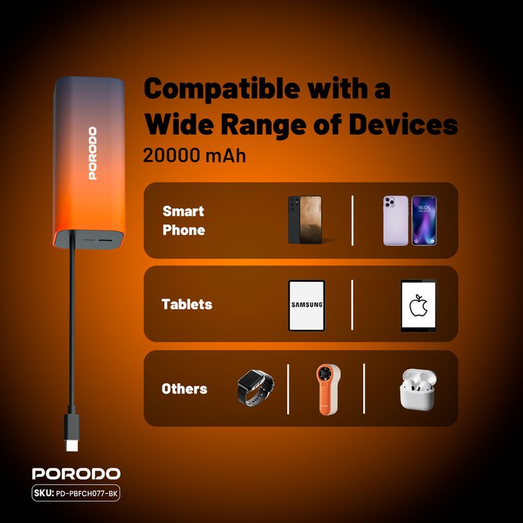 Porodo PB077 20000mAh Power Bank with  Integrated Type-C Cable, PD 20W, Type-C Ports, Portable Design, Fast Charge Support - Black