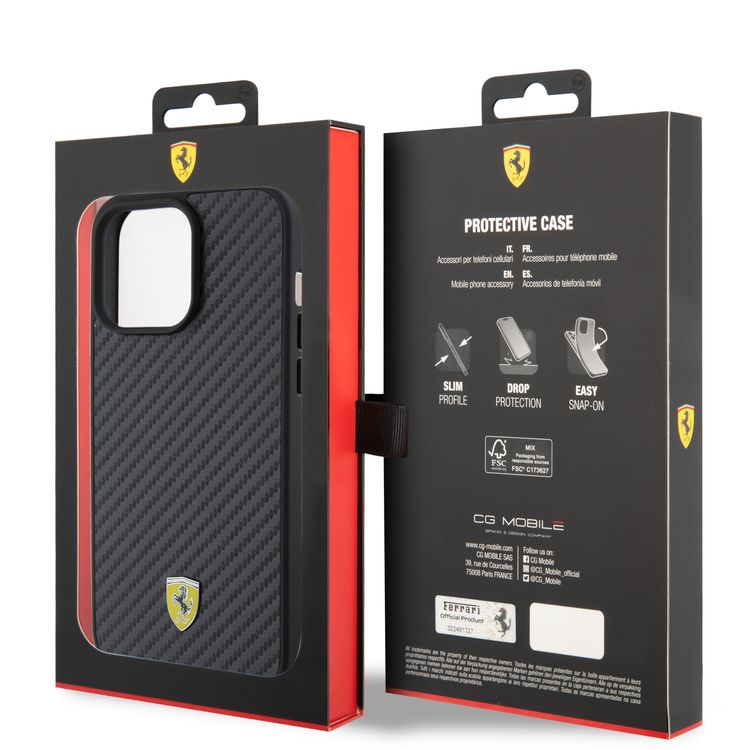 Ferrari iPhone 15 Pro For PU Leather Case with Italy Flag Line - Carbon Black