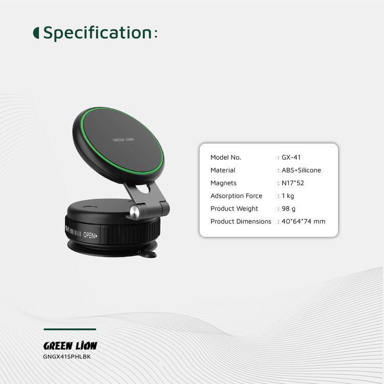 Green Lion GX-41 Suction Phone Holder with 1kg Adsorption Force, Magsafe Compatible, Swivel Lock Base, Wide Compatibility, Aluminum Alloy Arm, Foldable & Adjustable - Black 