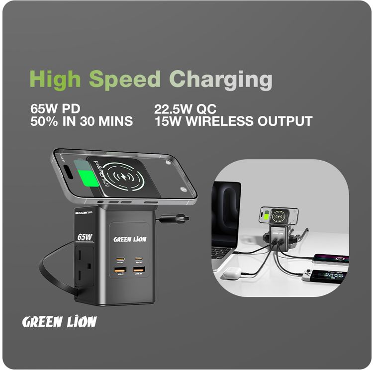 Green Lion GaN 65W Multi-Port Travel Adapter with 8-in-1 Station, ABS & PC Material, 2× AC Sockets, 2× USB-C & 2× USB-A Ports, 80cm Retractable Cable, 2500W Max Power, MagSafe Compatible, GaN Technology, Wide Compatibility, Safety Shutters - Black