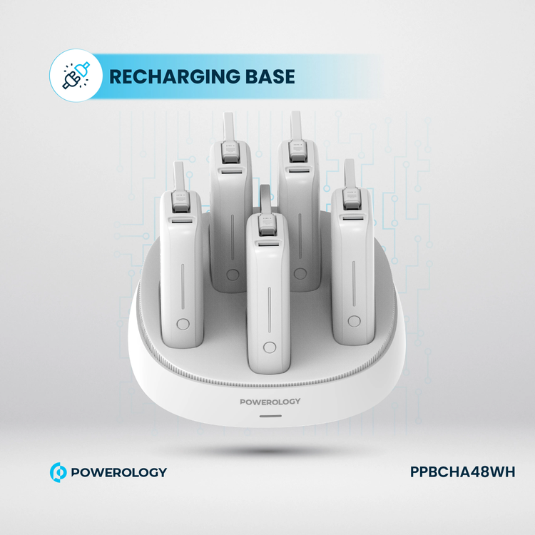 Powerology 5 x 10000mAh Power Bank Station with 50W PD, USB-A, USB-C, Type-C Built-in Cable, 12V/1A Max Contact Input, Rapid Recharging Station, High-Density Batteries, Type-C Built-in Cable, 5V/3A Total Output, Built-in Safeguards - White
