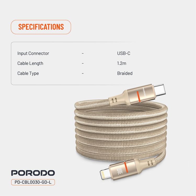Porodo Type-C to Lightning Magnetic Braided Cable with 30W Power Delivery, 1.2m Cable Length, More than 15,000 Bends Lifespan, Tangle-Free Design - Gold