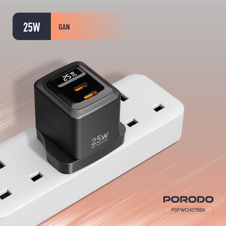 Porodo GaN Wall Charger with Dual USB-C Ports, 25W Power Delivery, Built-in Safeguards, Fast Charge Support, Multiple Device Charging, Digital Display - Black