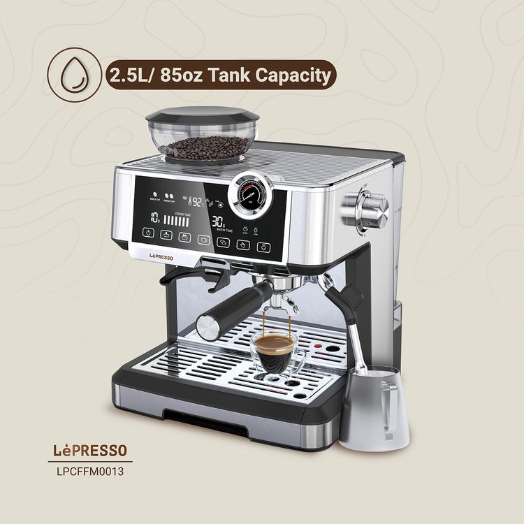ماكينة صنع قهوة اسبريسو LePresso Advanced ذات شاشة لمس تفاعلية، مضخة ULKA 19 بار، 1350 واط، سعة خزان مياه 2.5 لتر، مقياس غلاية، مطحنة مخروطية الشكل، إعدادات طحن قابلة للتعديل - فضي