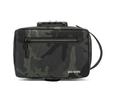 Porodo Lifestyle Nylon Fabric Leather Anti-Theft Storage Bag 8.2" with USB Flash Drive Holder, IPX3 Splash Resistant, USB-A Charging Compatibility - Dark Green 