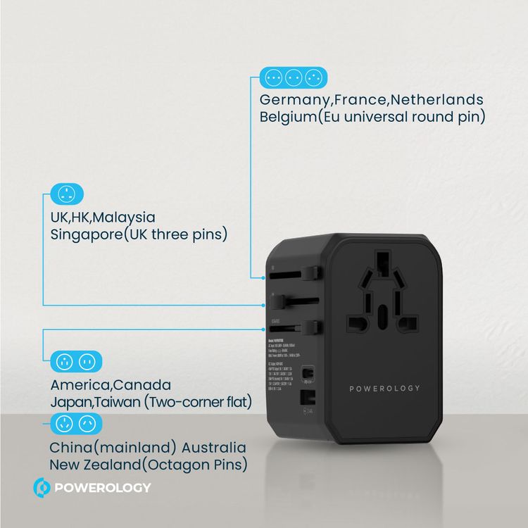 Powerology Universal Multi-Port Travel Charger with 45W Power Delivery, 8A Dual Fuse, Simultaneous Charging, Built-in Safeguards, Fast Charging, Active Protect - Black
