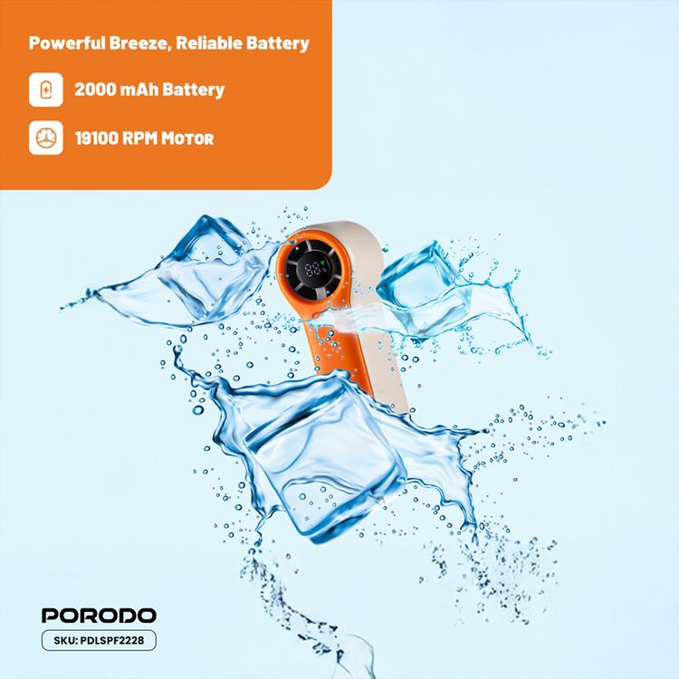 Porodo Lifestyle Pocket Size Handheld Fan with 19100RPM Motor Speed, 5 Speed Levels, 5W Rated Power, Up to 8.8m/s Air Thrust Speed, 2000mAh Battery Capacity, Up to 7 Hours Working Time, Type-C Charging Port, Strong Airflow, Lightweight & Portable - Beige / Orange