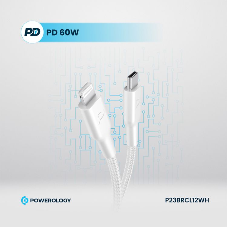 كابل شحن باورولوجي مضفر من USB-C إلى Lightning مع الشحن السريع ونقل البيانات، بقدرة توصيل طاقة 60 واط، وتوافق عالمي، بطول كابل 1.2 متر - أبيض