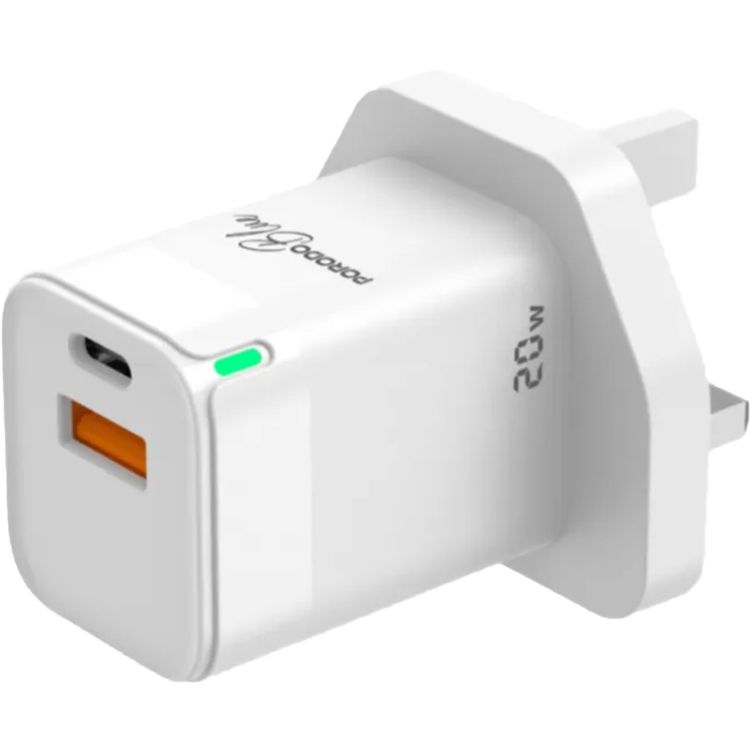 Porodo Blue Ultra-Quick Charger with 1m USB-C to Lightning Cable, USB-A & USB-C, 20W, 3A Output Current, 5V Output Voltage, Multi-Device Charging, Fast Charge Support - White