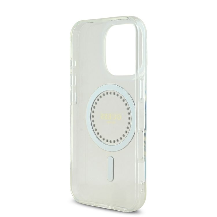 GUESS MagSafe IML Hard Case with Rhinestones Design for iPhone 16 Pro Max, Easy Snap-On, Drop Protection, Slim Profile - White