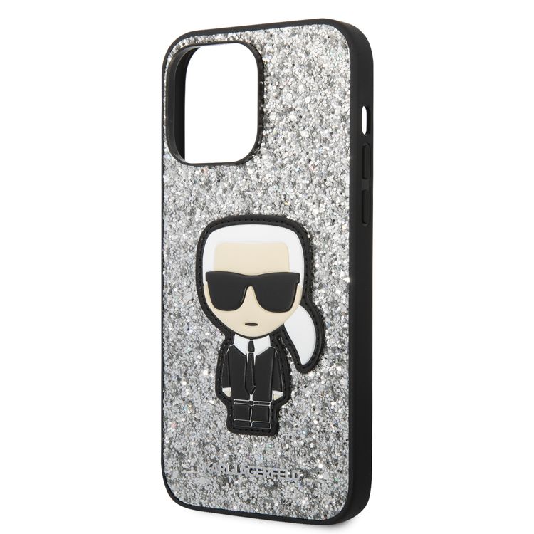 Karl Lagerfeld Glitter Flakes Case with Ikonik Patch Shockproof iPhone 14 Pro Max Compatibility - Silver