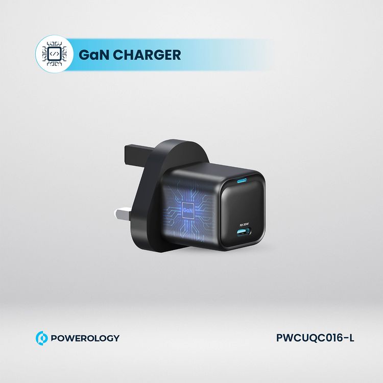 Powerology Ultra-Compact GaN Charger with USB-C to Lightning Braided Cable, 20W Power Delivery, Lightweight & Compact Design - Black