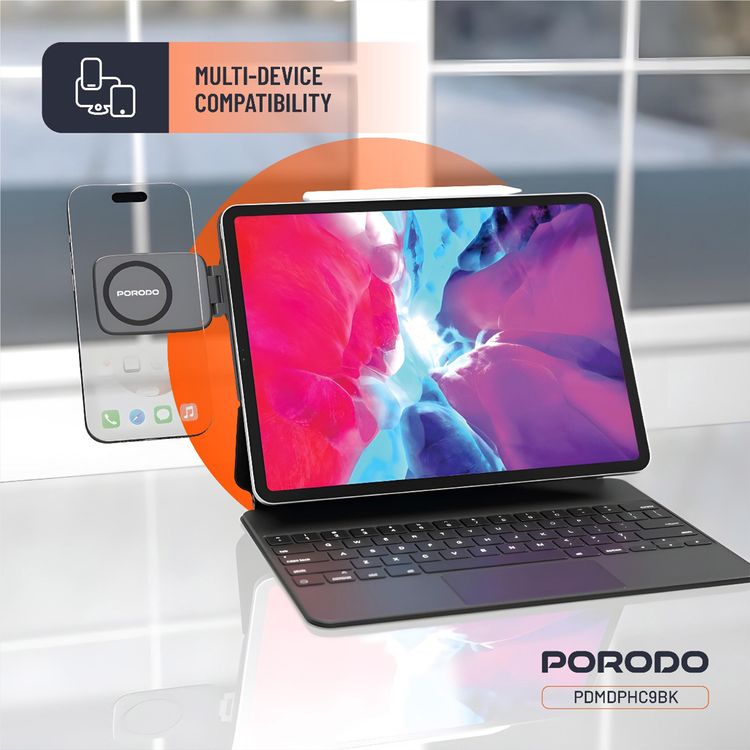 Porodo Magnifold Ultra-Slim Phone Holder for Multiple Device Compatibility, N52 Magnet Type, 350g Load Weight, Powerful Magnetic Hold - Black