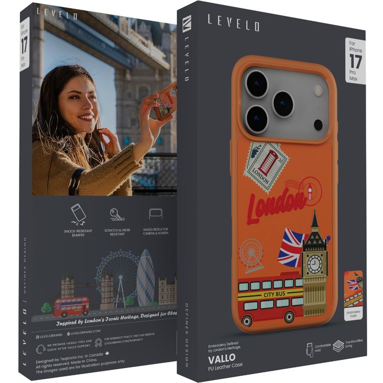 Levelo Vallo PU Leather Case for iPhone 17 Pro Max with Embroidery London Finish, Comfortable Hold, Durable PU Leather, Raised Bezels for Camera and Screen, True Microfiber Interior Lining, Scratch & Wear Resistant, Shock-Resistant Bumper - Sunrise Orange