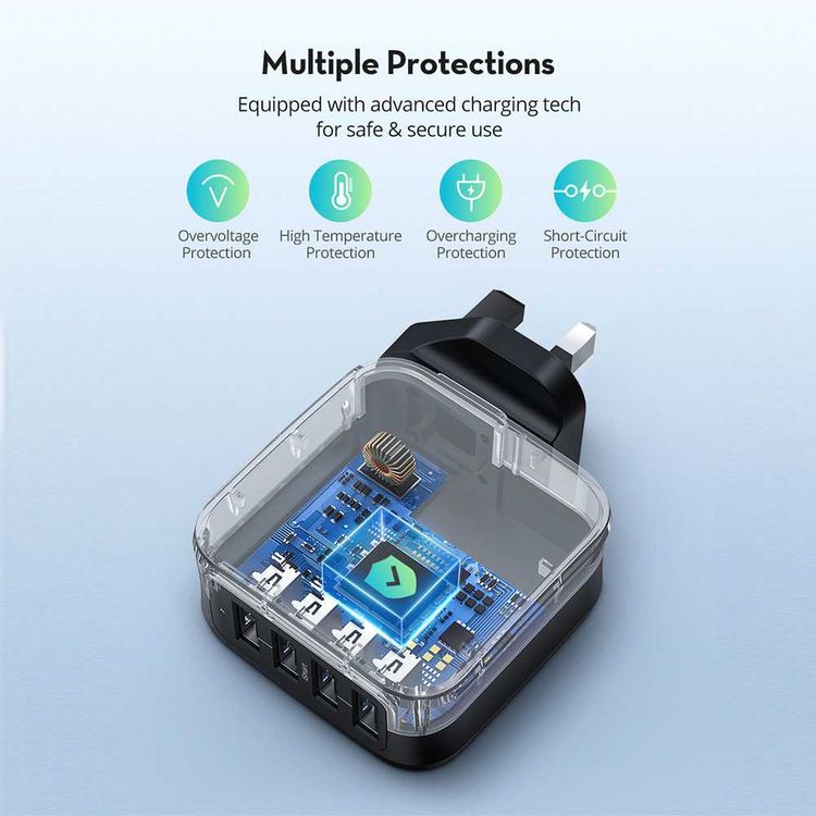 RAVPower 4-Port Prime Wall Charger 40W w/ Multiple Protection & iSmart Technology - Travel-friendly Portable Power Adapter - Compact Size Foldable Plug for Home & Business - Black