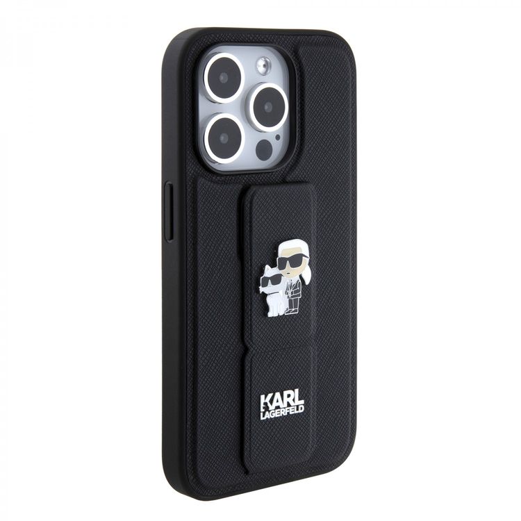 Karl Lagerfeld Saffiano Leather Grip Case with Karl & Choupette Logo - Black - iPhone 15 Pro Max