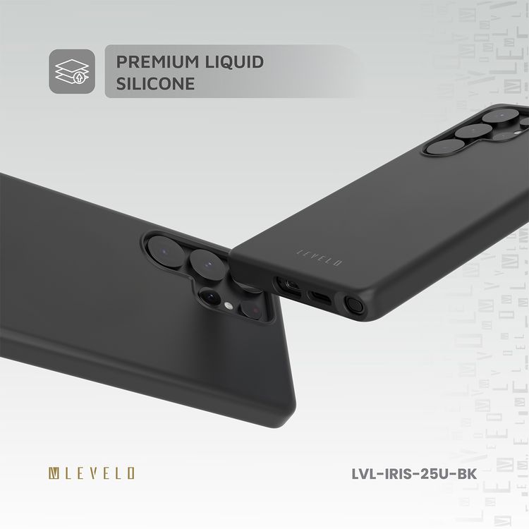 جراب Levelo Iris لهاتف Samsung Galaxy S25 Ultra متوافق مع MagSafe، مصنوع من مادة السيليكون السائل الممتازة، وزوايا مقاومة للصدمات، وحلقة كاميرا معدنية، ومغناطيس MagSafe قوي - أسود