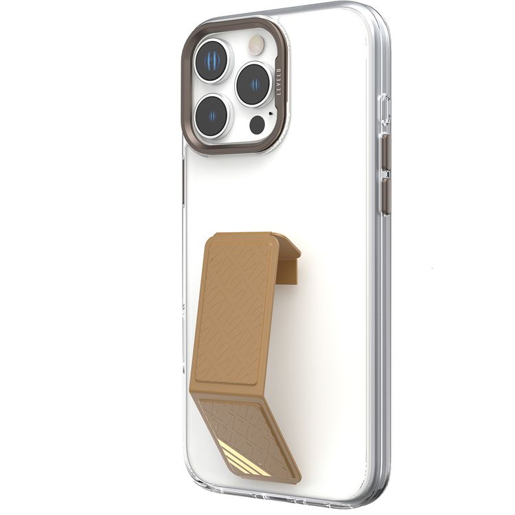 Levelo Morphix Clara Case for iPhone 16 Pro Max, Hybrid Material, Impact-Resistant Corners, Built-in Leather Grip, Metal Camera Ring - Rose Gold Titanium