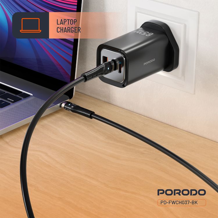 Porodo Triple Output Quick Wall Charger with 65W Power Delivery, Built-in Safeguards, Simultaneous Charging, 22.5W USB-A Output, Laptop Charging Compatibility - Black