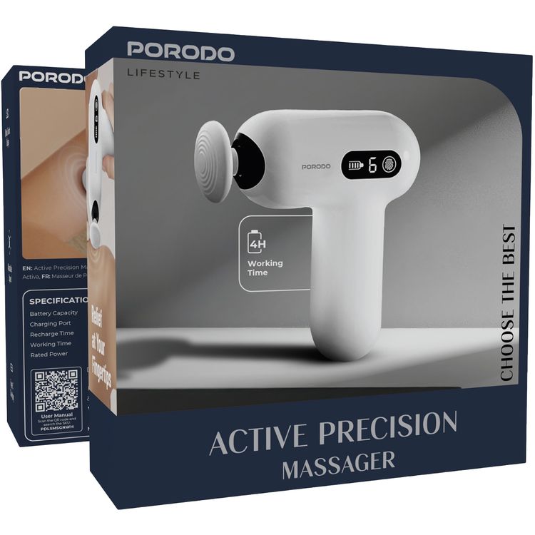 Porodo Lifestyle Active Precision Massager, Portable & Lightweight, Digital Touch Display, 6 Adjustable Speed Levels, Low Noise Design, 4 Hours Working Time, 6mm Massage Stroke - White