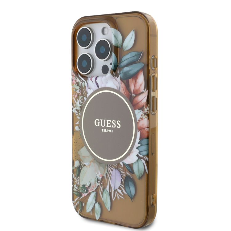 Guess Magsafe IML Transparent Hard Case with Flower Design & Tonal Circle Logo for iPhone 16 Pro Max, Lightweight, High Quality Material - Brown