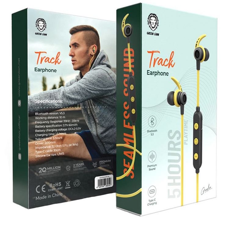Green Lion Track Earphones with 3 Sizes Silicone Ear Tips, Premium Sound, 1.5 Hours Charging Time, 5 Hours Talking Time, Type-C Charging Port, 10mm Driver Size - Yellow