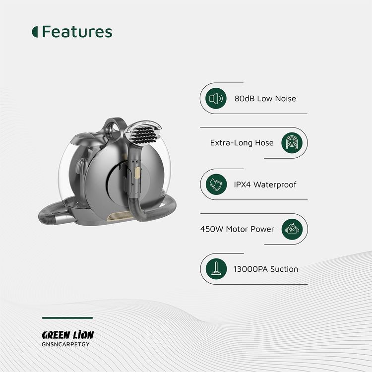 منظف ​​سجاد الحلزون الأخضر الأسد مع وظيفة وضع الحرارة، قوة شفط 13 كيلو باسكال، سعة مياه نظيفة 2 لتر، سعة مياه متسخة 1.4 لتر، طول السلك 5 أمتار، قابس طاقة في المملكة المتحدة، خرطوم مرن 1.5 متر، مقاوم للماء - رمادي