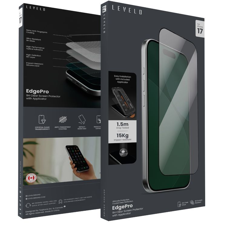 Levelo EdgePro 9H Screen Protector with Applicator for iPhone 17, Oleophobic Coating, Ultra-Resistant 9H Glass, Nano Anti-Fingerprint Coating, Drop Protection - Clear