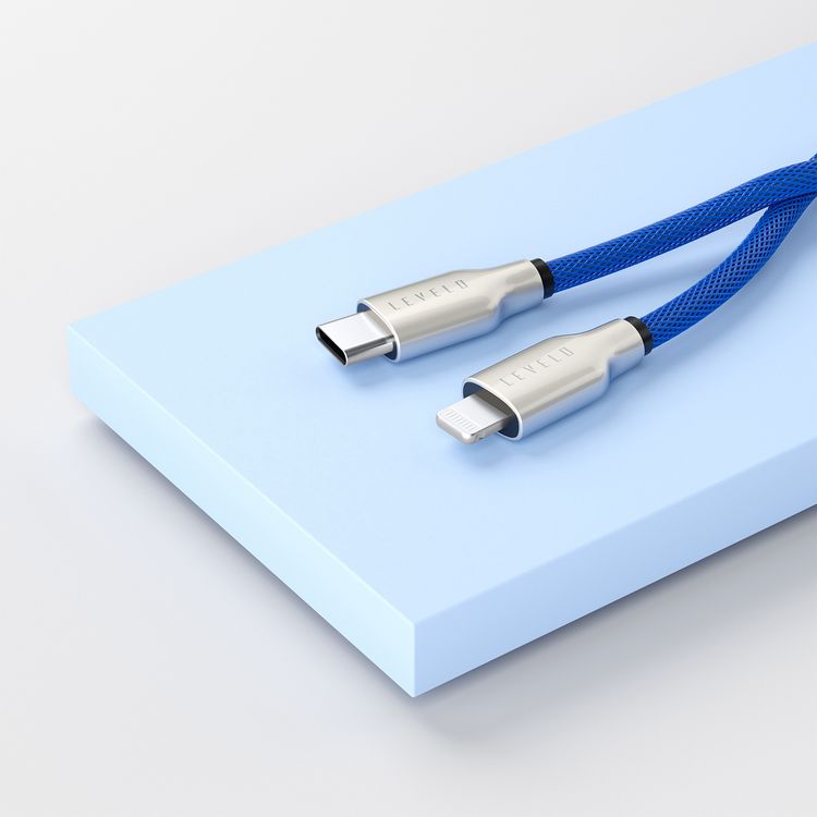 Levelo Weave Net USB-C to Lightning Cable with 27W Power Delivery, 1.1m Cable Length, 480Mbps Data Transfer Speed, 3000+ Bends Lifespan, Fast Charge, Tangle-Free Design - Dark Blue