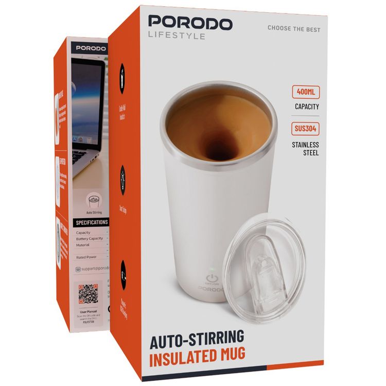 Porodo Lifestyle Auto-Stirring Insulated Mug with 400mL Capacity, Anti-Slip Base, 300mAh Battery Capacity, 120-Seconds Mixing Time with Auto-Stop - White