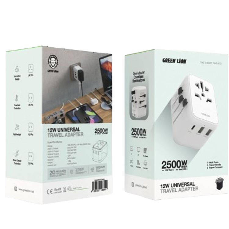 Green Lion 12 W Universal Travel Adapter, Short Circuit Protection, 2500W Max Rating, Super Compact, Travel Frindly - White