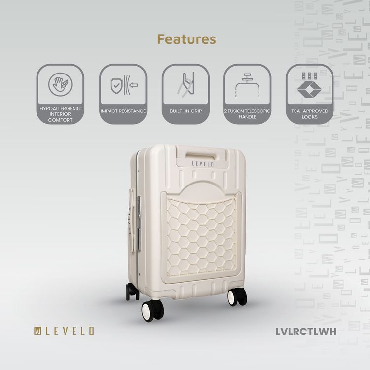 Levelo RoamCruiser 20" Travel Luggage with Detachable Kid Holder, Impact Resistance, PC & Aluminum Material, 50kg Weight Capacity, Silent Wheels, Hypoallergenic Interior, 2 Fusion Telescopic Handles, Integrated Wheel Locks, Built-in Document Holder - White